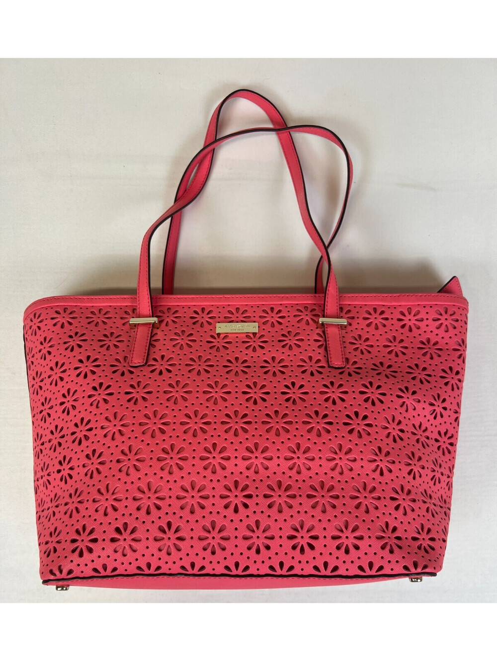 Kate Spade Women Medium Tote Bag Pink Leather Laser Cut Flower Shoulder Handbag